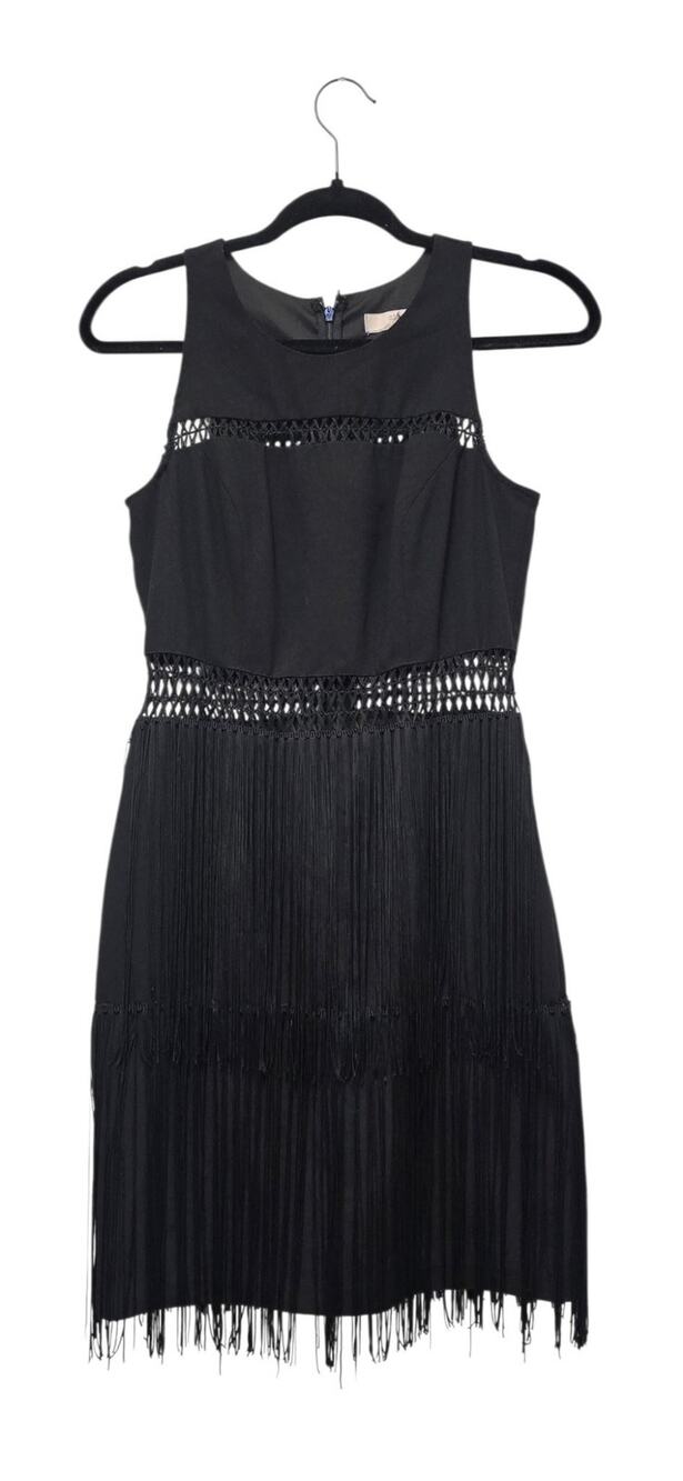 Aidan Mattox Black Crochet Lattice Fringe Tiered Sleeveless Cocktail Dress 6